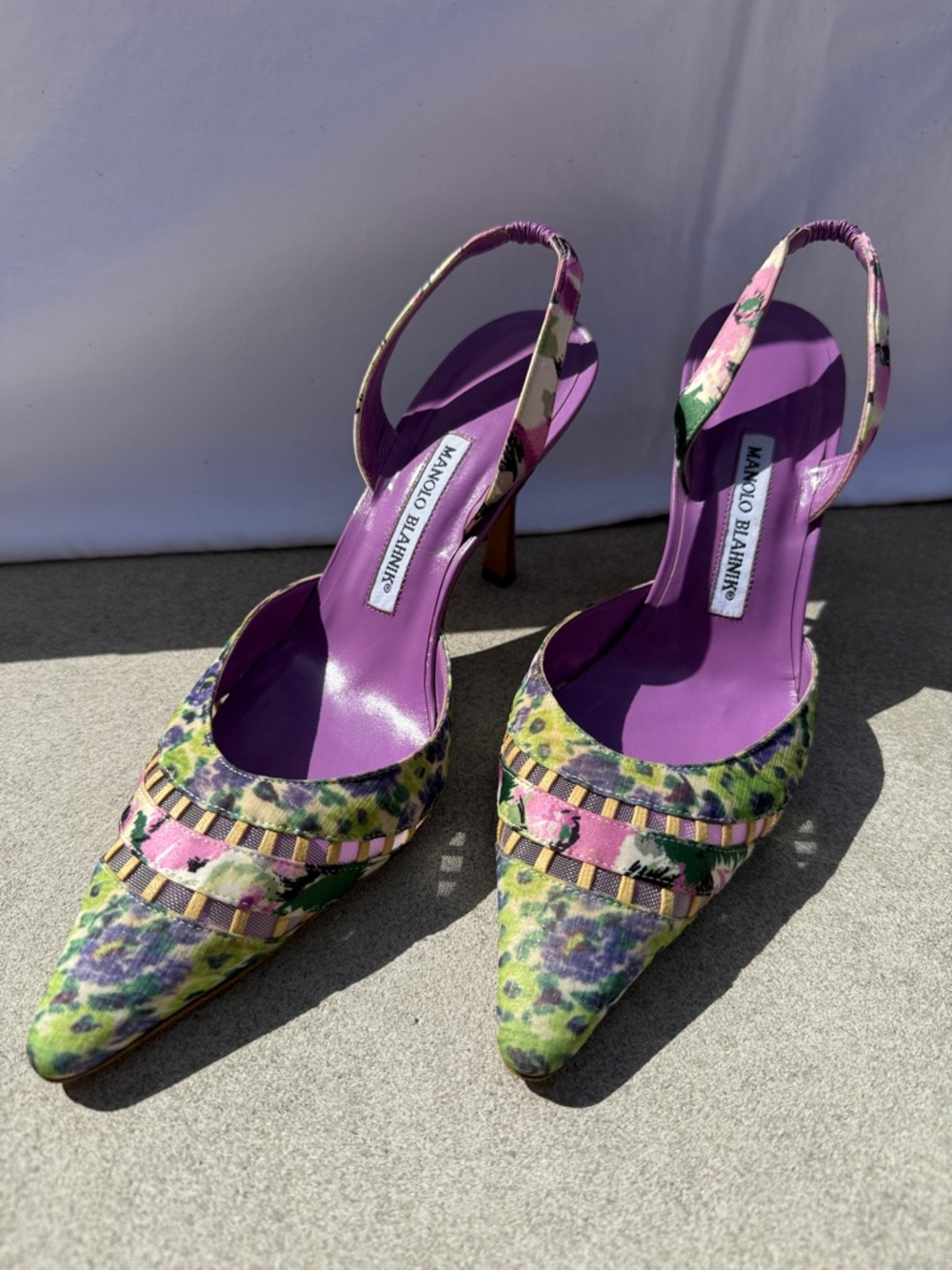 Manolo Blahnik Purple and Multicolor Floral Pointed Slingback Heels